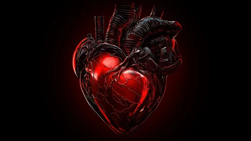 Biomechanical heart rendered as glossy red core with black exoskeleton