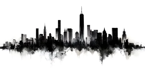 Monochrome city skyline emerges through inky watercolor haze.