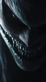 Sinister close-up of monstrous face with sharp teeth.