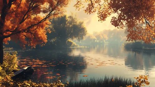 Serene autumn lake with golden trees and soft morning light.