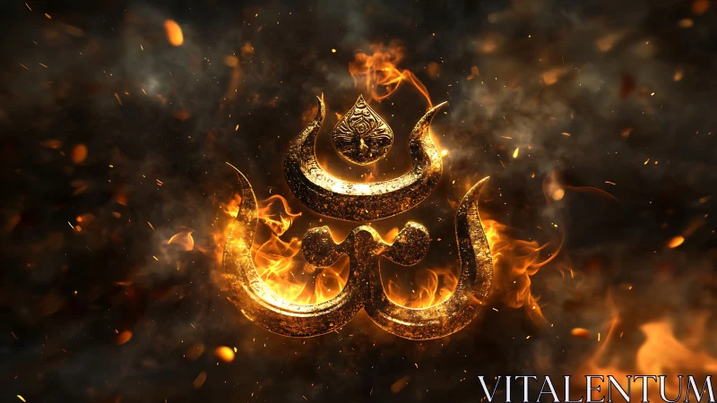 Glowing golden Arabic calligraphy burns amid swirling embers