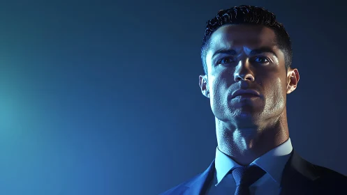 Photorealistic blue-lit corporate portrait with dramatic gradients.