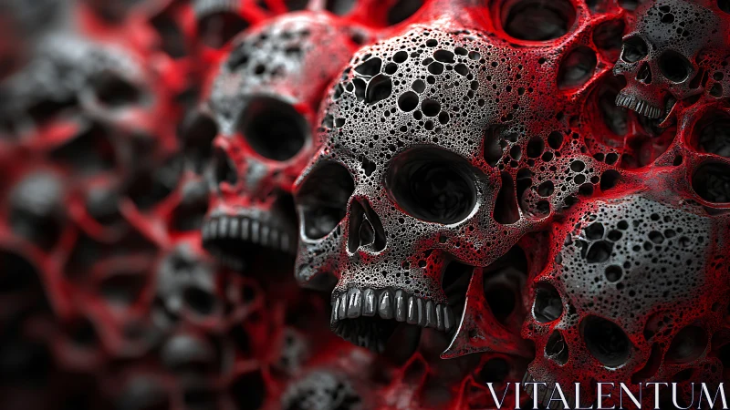 Porous metallic skull cluster over red fractal voids.