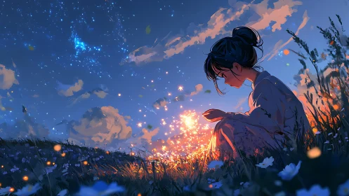 Girl studies glowing particles in dusk meadow under stars