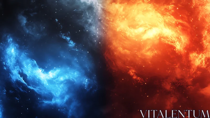 Opposed blue and orange energy clouds fill the digital frame