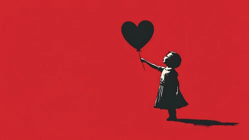 Stencil silhouette girl reaching for heart balloon on red field.