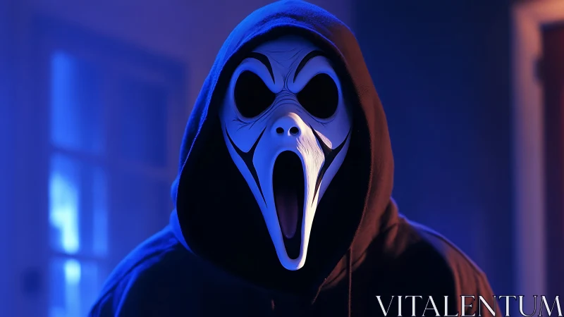 Moonlit scream mask stalks the hallway in chilling neon glow.
