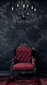 Baroque crimson throne and crystal chandelier in noir chamber.