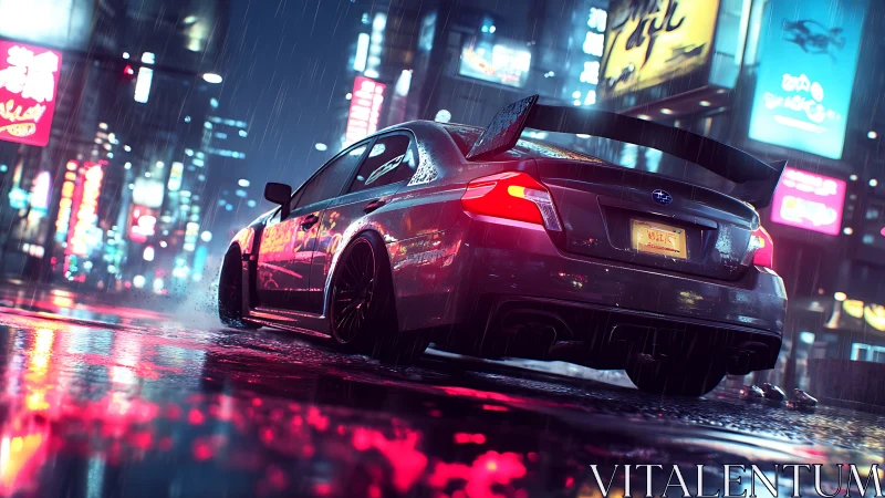 Tuned sedan drifts through wet neon city street at night
