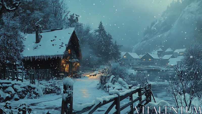 Snowfall hushes a riverside village while one cottage glows