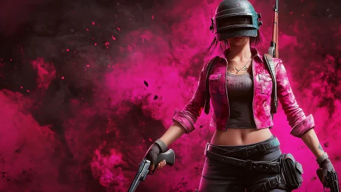 Pink combat heroine stands in neon smoke with shotgun.