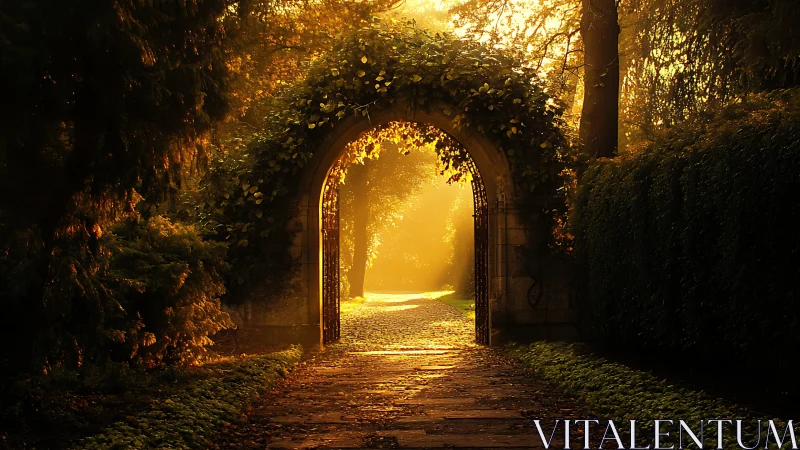 Sunlit stone garden arch opens toward glowing forest path