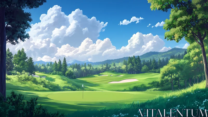 Sunny golf course retreat wrapped in peaceful green hills.