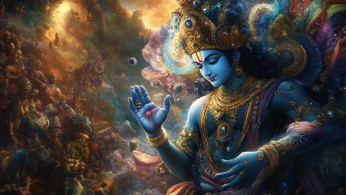 Divine blue figure in ornate attire amid cosmic backdrop.
