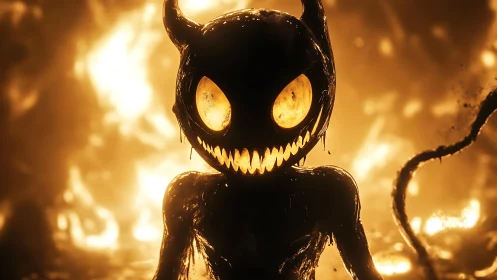 Demonic shadow creature grins within molten firestorm.