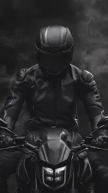 Armored motorcyclist on matte black street bike in noir lighting