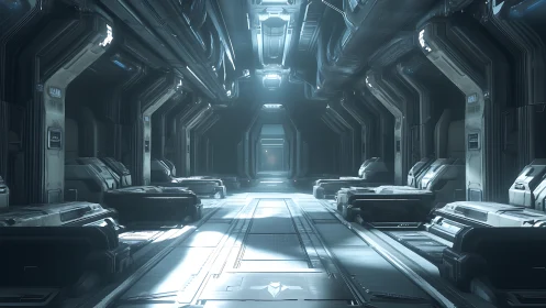 Silent sci fi starship corridor glows with cold blue light