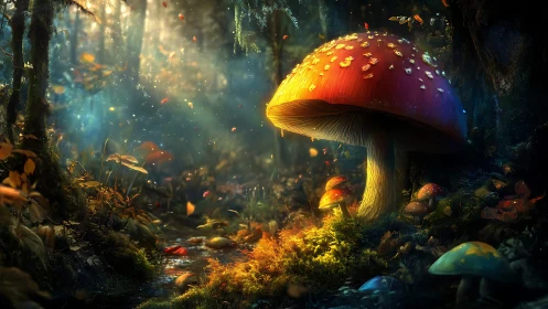 Large red mushroom in dense forest with filtered light beams.