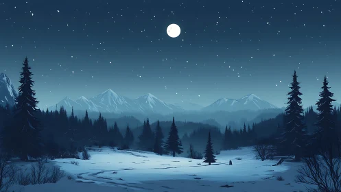 Moonlit winter forest resting quietly beneath soft stars.