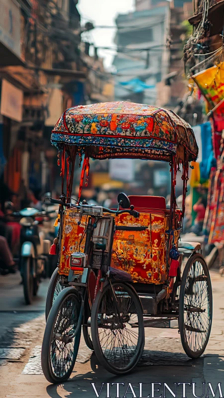 Hand-painted rickshaw waits quietly in a sunlit old city lane