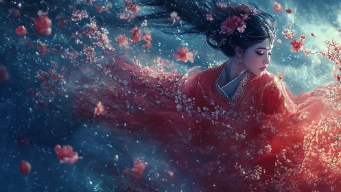 Elegant woman in red hanfu surrounded by drifting blossoms.