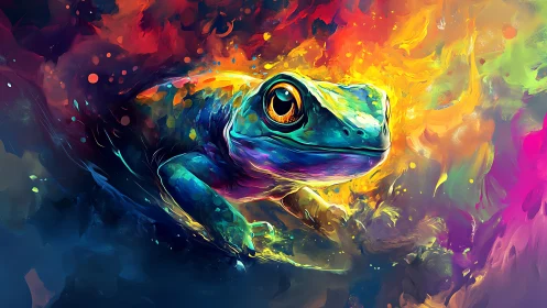 Vibrant digital frog amid swirling multicolor abstract field.