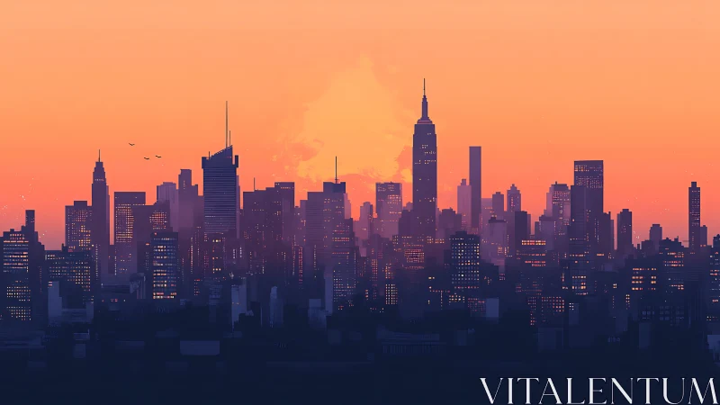 Dense highrise skyline under orange twilight atmospheric haze
