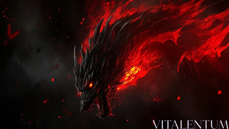 Flaming demonic dragon head emerging from red-black void.