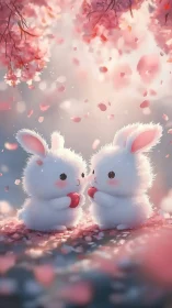 Two stylized rabbits hold red objects under falling petals