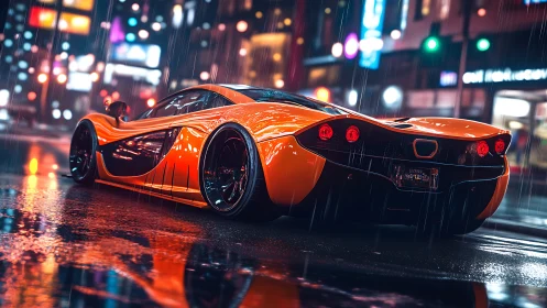 Orange hypercar cuts through neon city rain at night
