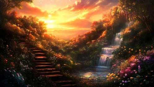 Sunset stairway drifts beside a shimmering tiered waterfall