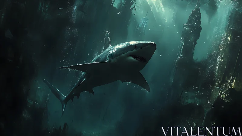 Curious shark gliding through a shadowy underwater cityscape.