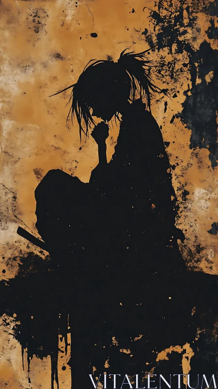 Solitary samurai silhouette meditates in grunge twilight