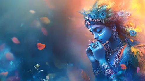 Blue-skinned figure with peacock feathers rests in prayerful pose