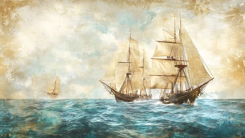 Two sailing ships move across rough textured seascape