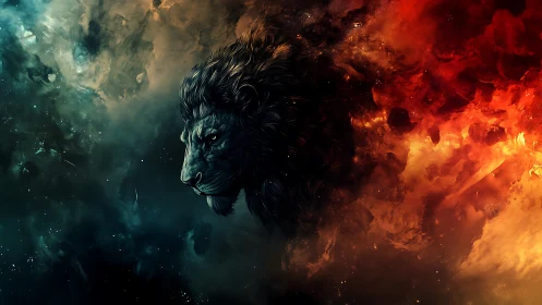 Lion profile emerging from blue and fiery nebula clouds.