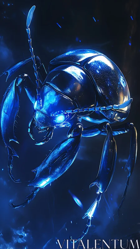 Bioluminescent cyber beetle hovers in deep electric blue void