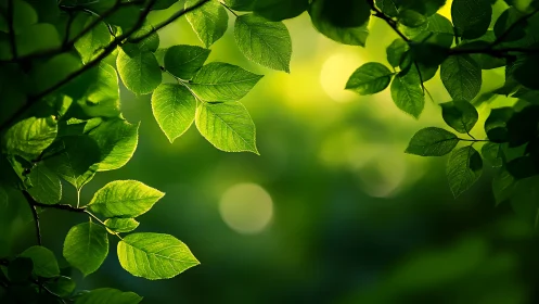Sunlit Green Leaves with Soft Focus Nature Background.