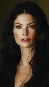 Portrait shows dark haired woman under soft studio lighting