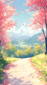 Spring hillside path opens onto a tranquil sunlit valley