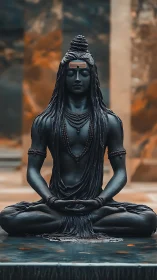 Serene Shiva statue in quiet meditation by tranquil water.