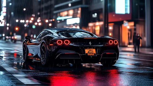 Wet asphalt reflections accentuate supercar aerodynamics at night