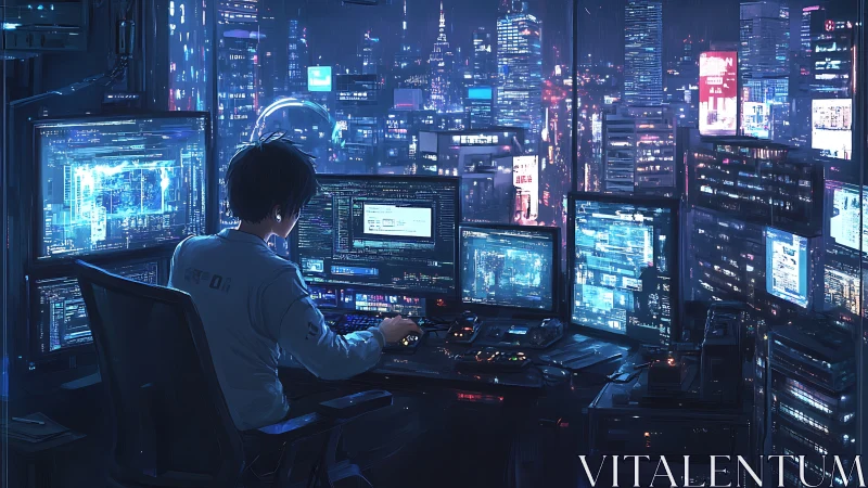 Solitary hacker monitors neon city from multi-screen workstation