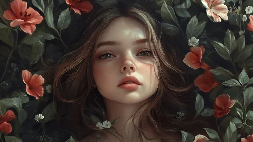 Digital portrait of young woman surrounded by flowers.