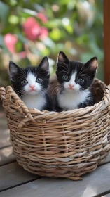 Black and White Kitten Twins in Woven Basket Surrounded by Blurred Garden