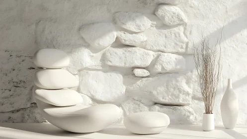 Minimalist White Sculptural Composition with Stacked Organic Forms.