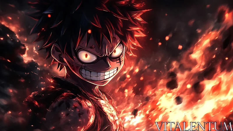 Anime character amid swirling fire and embers in motion.
