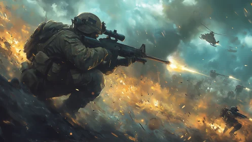 Soldier in active combat zone with helicopter support.