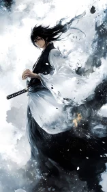 Stoic katana wielder amid turbulent monochrome vortex.