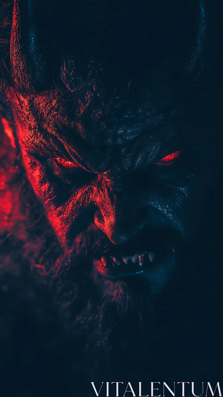 Demonic portrait burns through shadow with crimson glare.